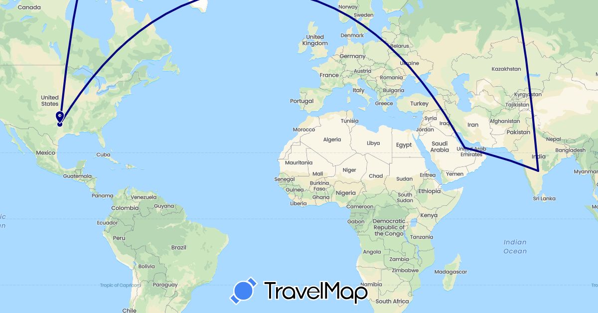 TravelMap itinerary: driving in India, Oman, Qatar, United States (Asia, North America)
